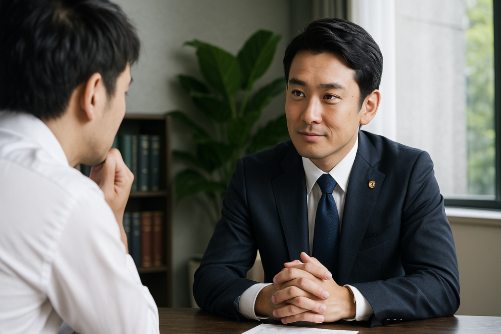 男性社員が弁護士に相談している様子