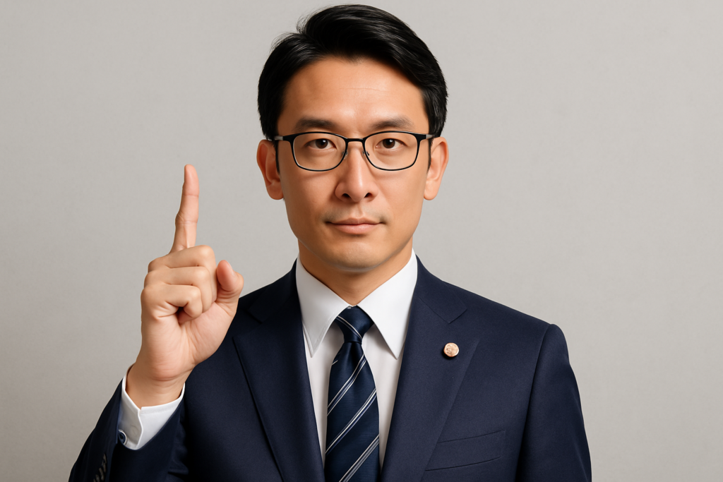 弁護士が人差し指を顔の横で立てている様子