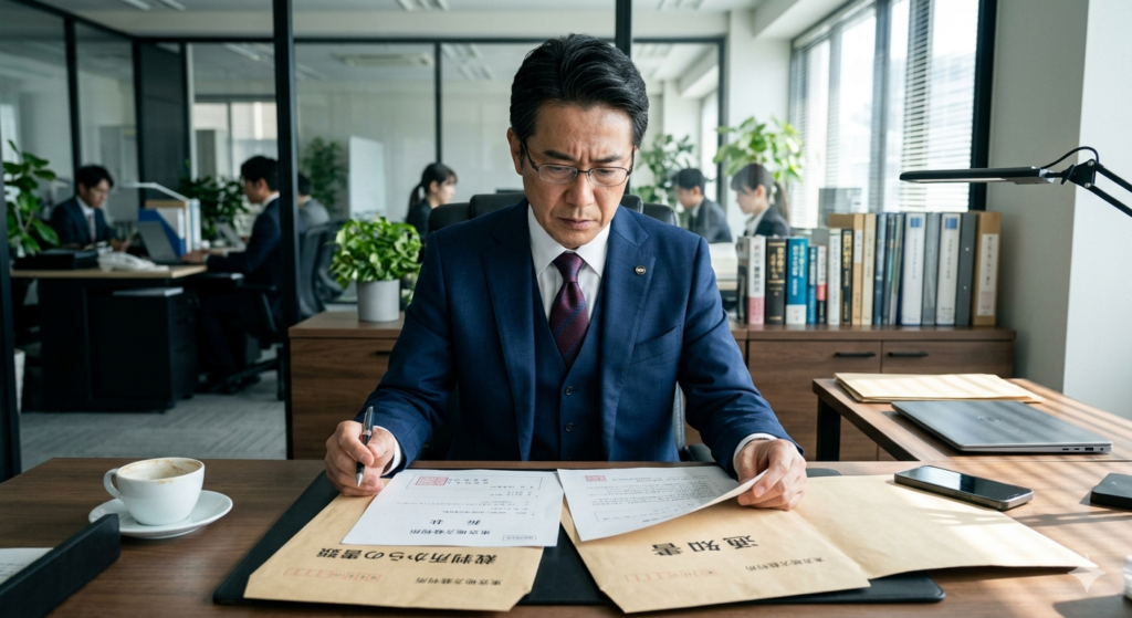 裁判所からの書類に目を通している様子