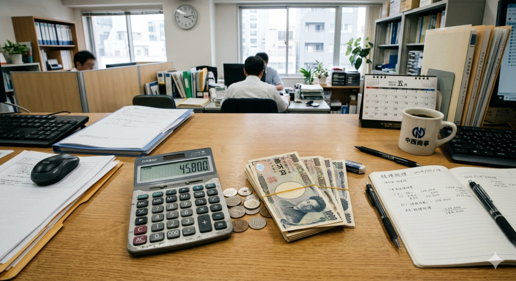 事務所のデスクにお金と電卓が置いてある様子