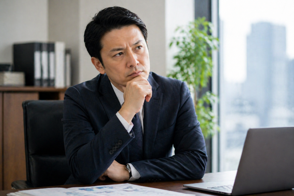 考え事をしている会社経営者