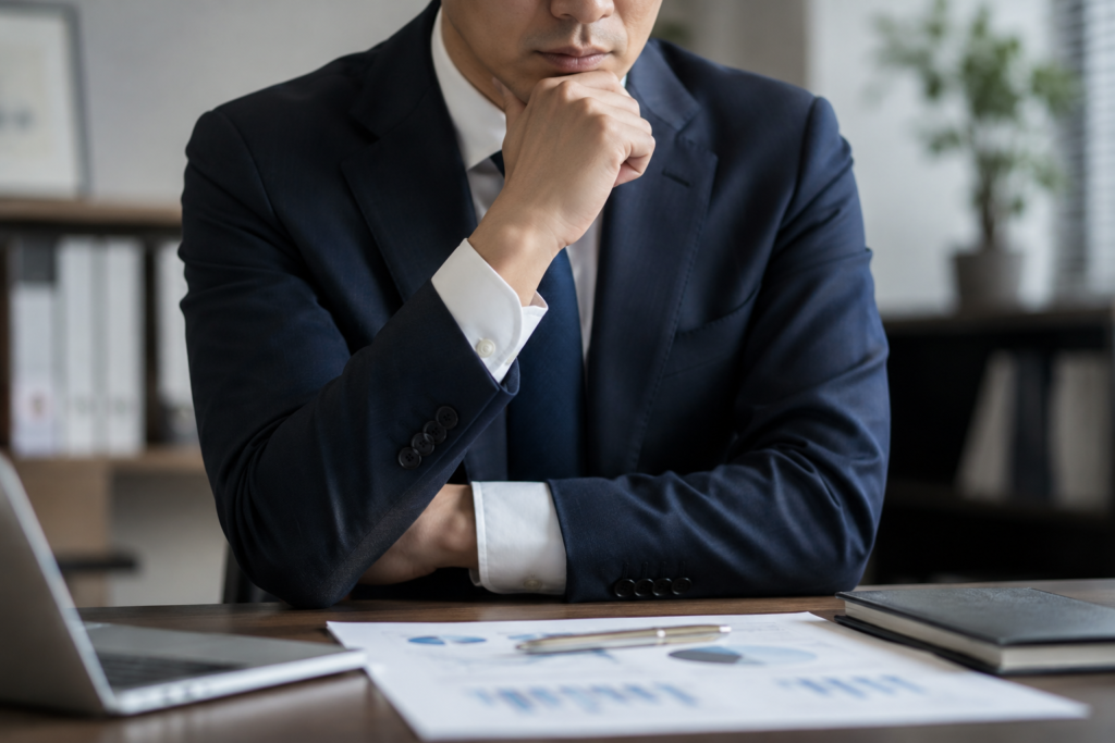 考え事をしている会社経営者