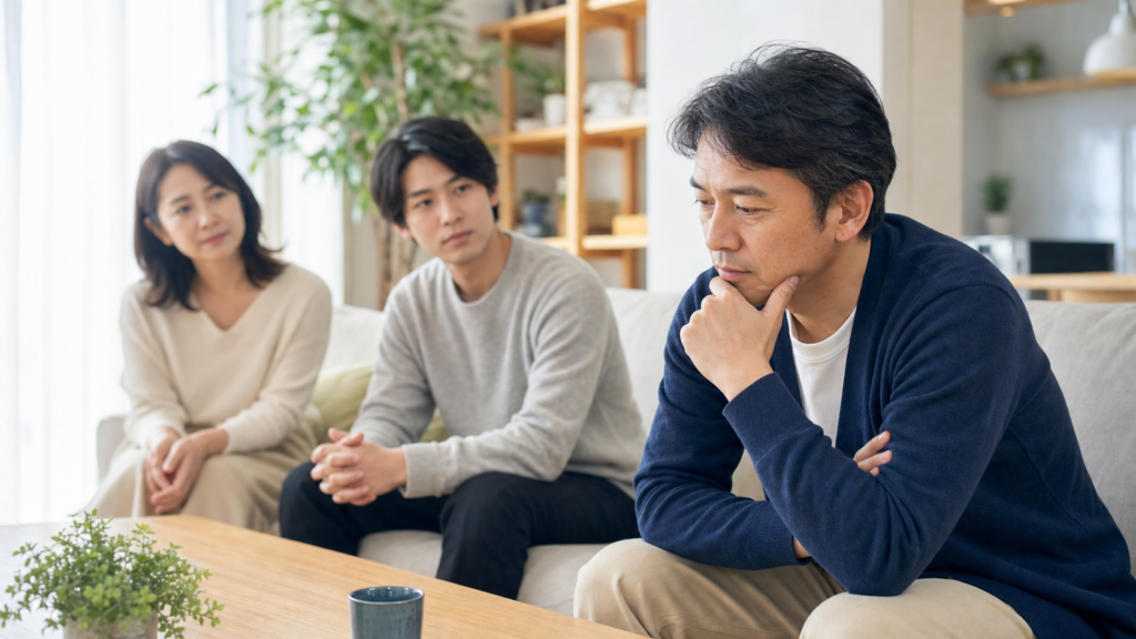 家族の前で考え事をしている男性