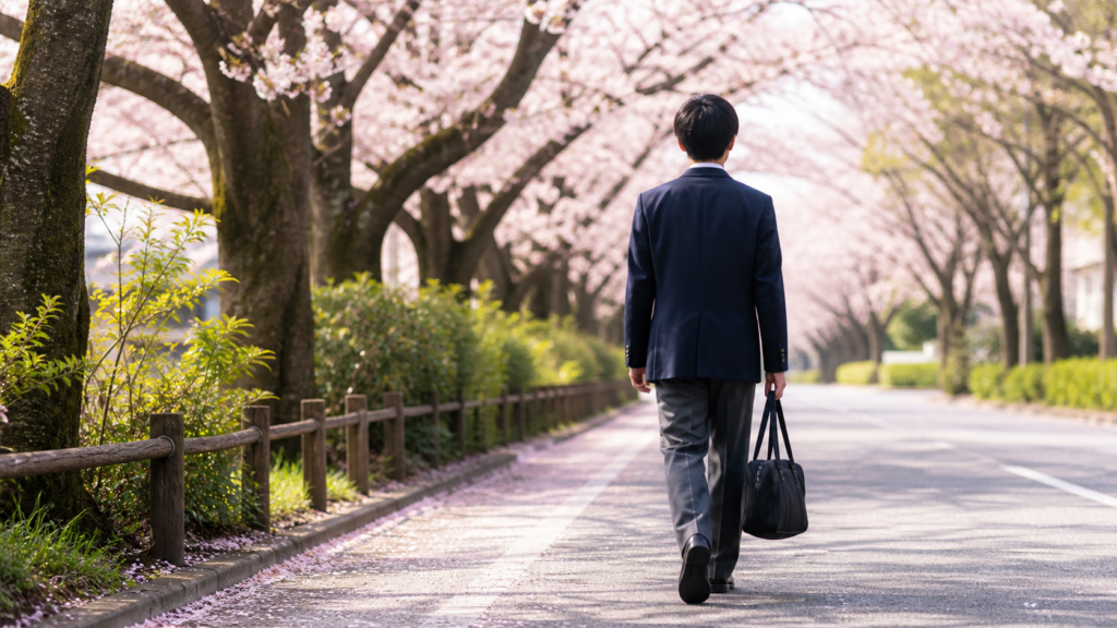 桜並木を歩く学生