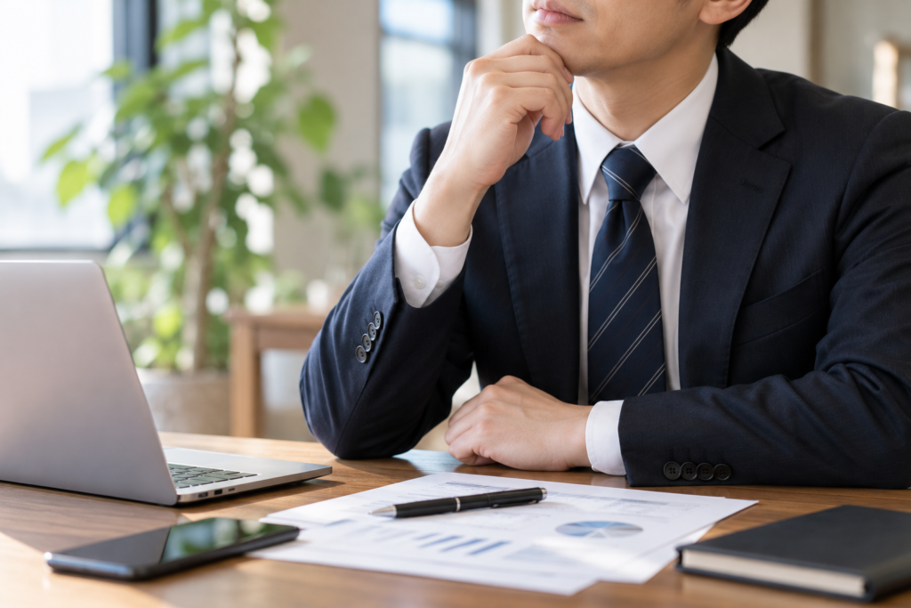 考え事をしている会社経営者